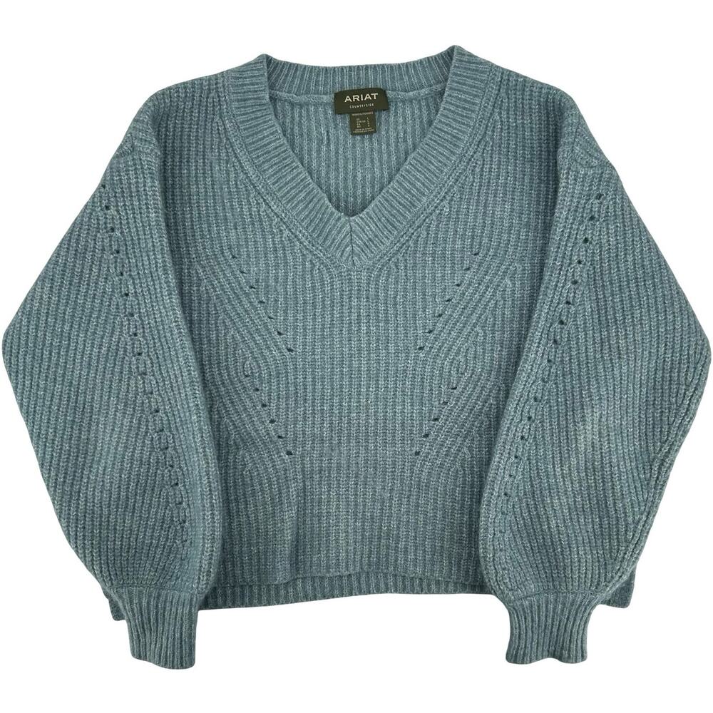 Women's Blue Ariat Blaydon Wool Blend Cropped Chunky Knit V Neck Sweater Sz L